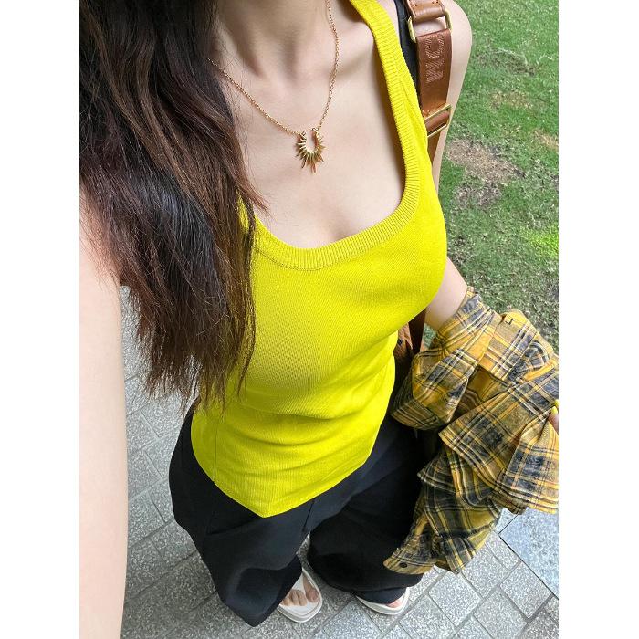 No chest pad, summer women's new Korean Spice Girls fashionable and sexy solid color low-cut knitted sling vest top