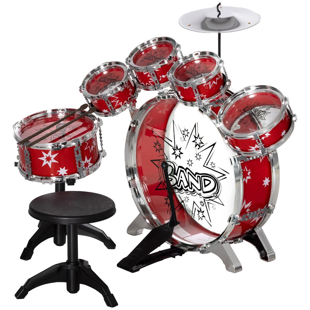 Drum Set for Children +3 Years with Drums, Bass Drum, Cymbal, Pedal and Drumsticks Star Theme Design 65x22x57 cm Red