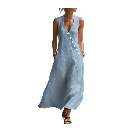 Vestidos Maxi de Verano para Mujer Casual sin Mangas Cuello en V Vestido de Playa Suelto de Tirantes con Botones y Bolsillos