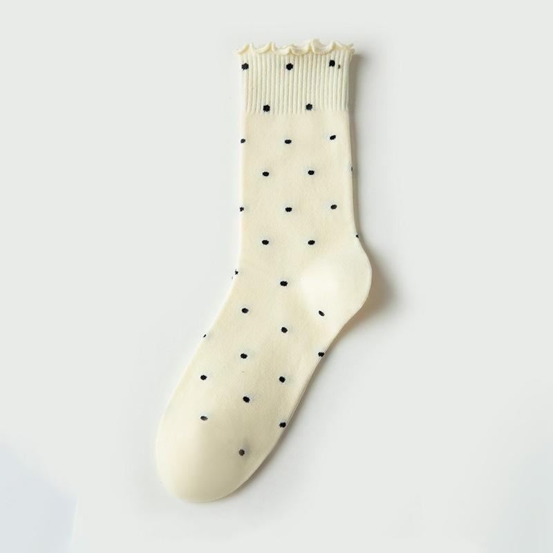 Female Spring and Autumn Style Wooden Ear Edge Polka Dots Cotton Sweet Long Tube Pile Socks