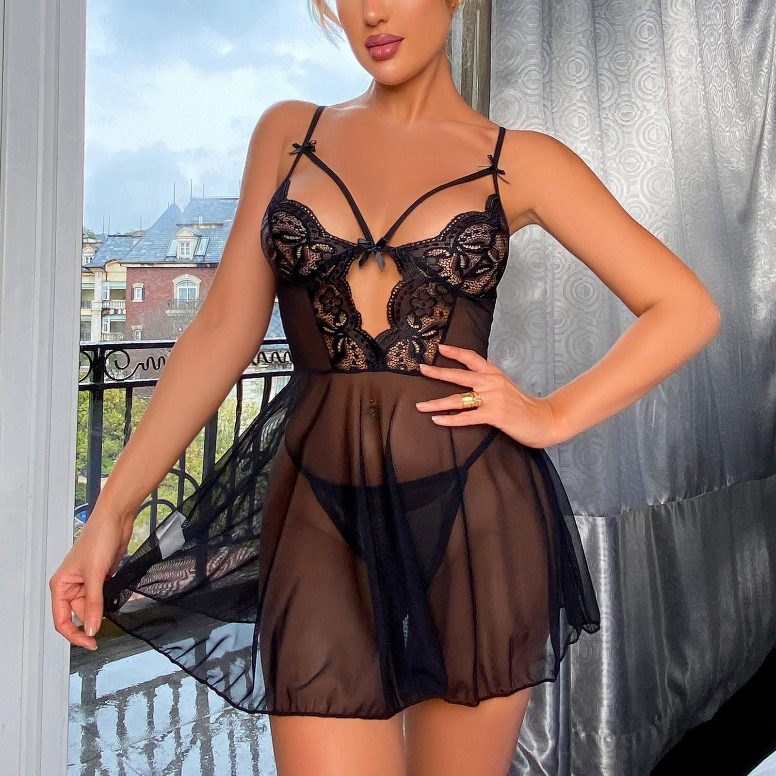 

Женское сексуальное женское белье, сетчатое кружево, сексуальная ночная рубашка с открытой спиной, комплект из двух предметов L чёрный