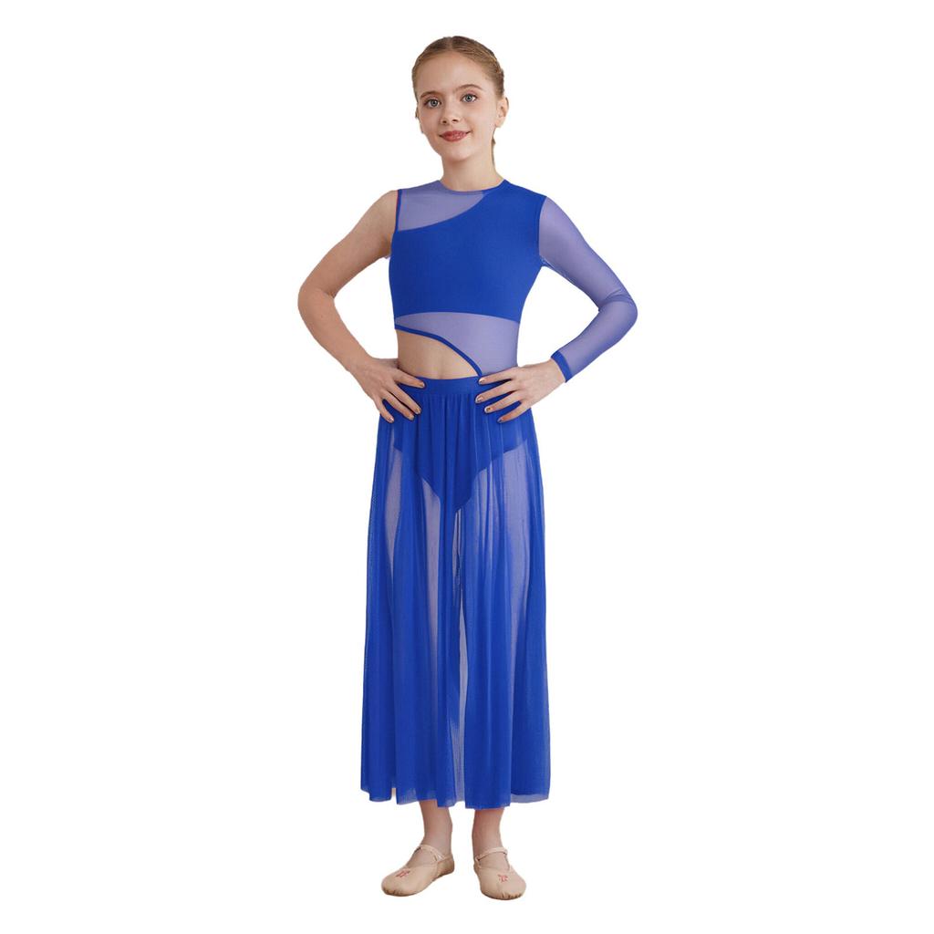 Mädchen Lyrisches Bühnenkostüm Rundhalsausschnitt Cutout-Design Patchwork-Seiten Sheer Mesh Asymmetrisches Tanzkleid