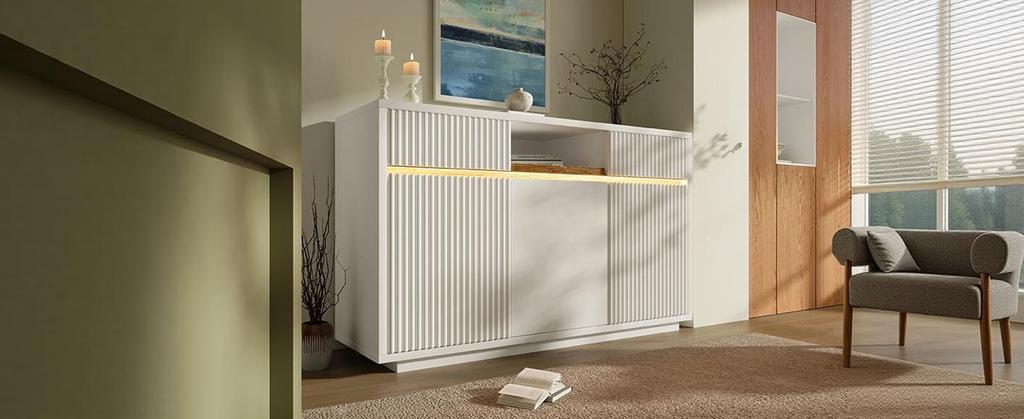 Sideboard White with LED 140x40x85 Cm, Chest of Drawers with 2 Drawers and 3 Doors, with Adjustable Shelves, Modern Living Room, Hallway, Kitchen
