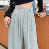 Women's Gray High-Waisted Wide-Leg Sweatpants, Slimming Loose Fit, Floor-Length, Thin Summer Style, Straight-Leg.