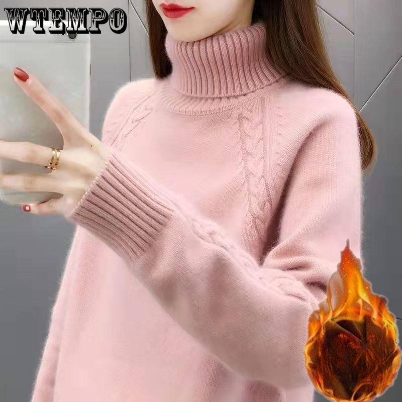 Thickened turtleneck sweater for women autumn and winter short solid color warm pullover versatile long - sleeved fleece loose knitted sweater