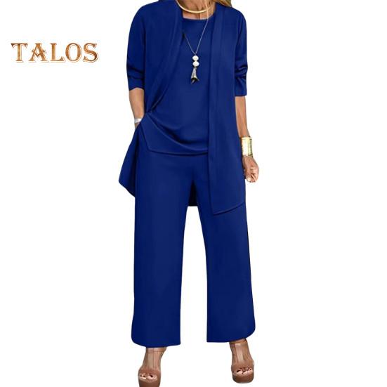 

3 шт./комплект женский пальто жилет брюки комплект кардиган O-образный вырез без рукавов жилет эластичный пояс широкие брюки повседневный брючный костюм осень-весна повседневная одежда наряд L синий