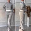 Yousheng 2 Pcs/Set Women Top Pants Suit Round Neck Long Sleeves Contrast Color Blouse Ankle-banded Loose Trousers Sport Casual Outfit Fall Spring