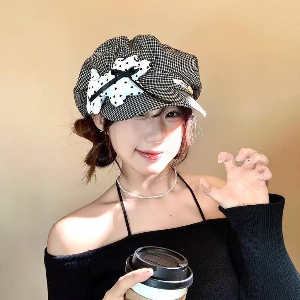 Women Plaid Octagonal Beret Hat Cute Dot Puppy Newsboy Cap Spring Autumn Girl Casual Sunshade Caps