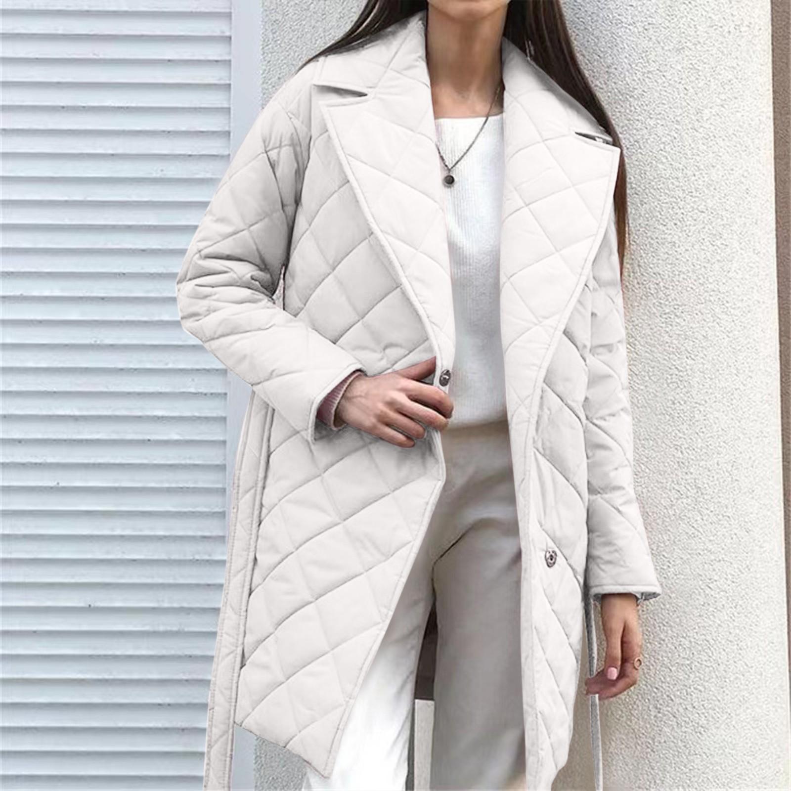 

Женская И Зимняя Средней Длины Двубортная Модная Талия Под Пояс Ромбовидный Узор Лацкан Пуховик L белый