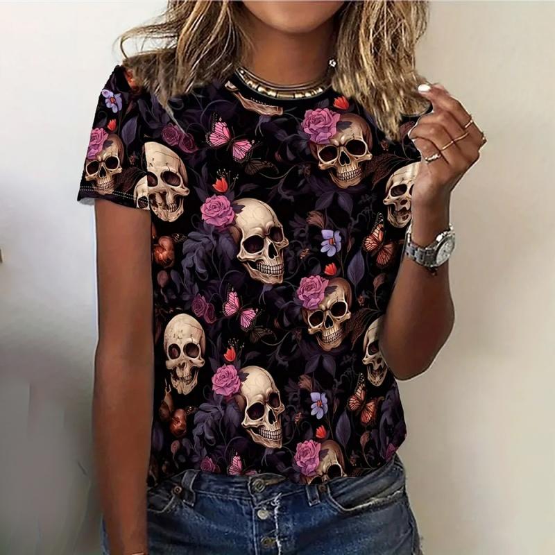 Skelettblumenmuster T-Shirt für Damen Tag der Toten 3D-Druck Kurzarm Sommer Locker T-Shirts Rundhalsausschnitt Oberteile Streetwear Tees