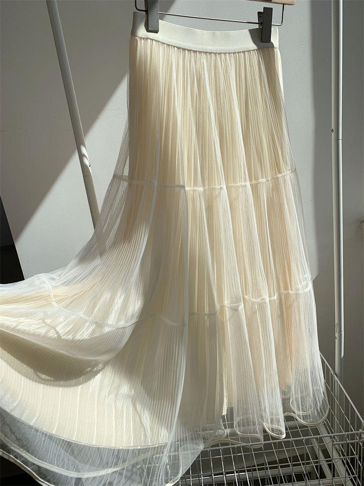 Elegant High-Waist Pleated Mesh Midi Skirt for Women - Summer Style