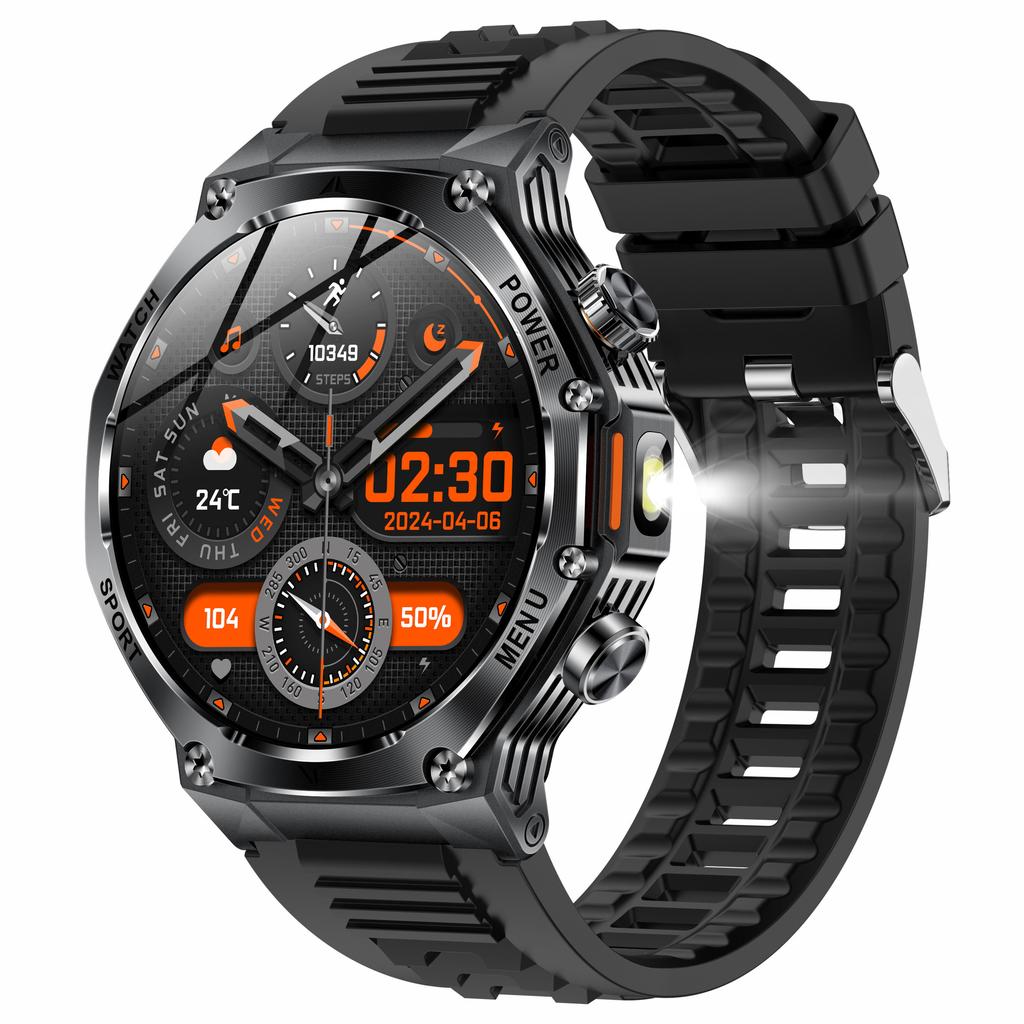 2026 AK82 Sports Smartwatch with Flashlight BT Call 1.8inch Round Screen IP68 Waterproof Fitness Tracker Smart Watch for Men