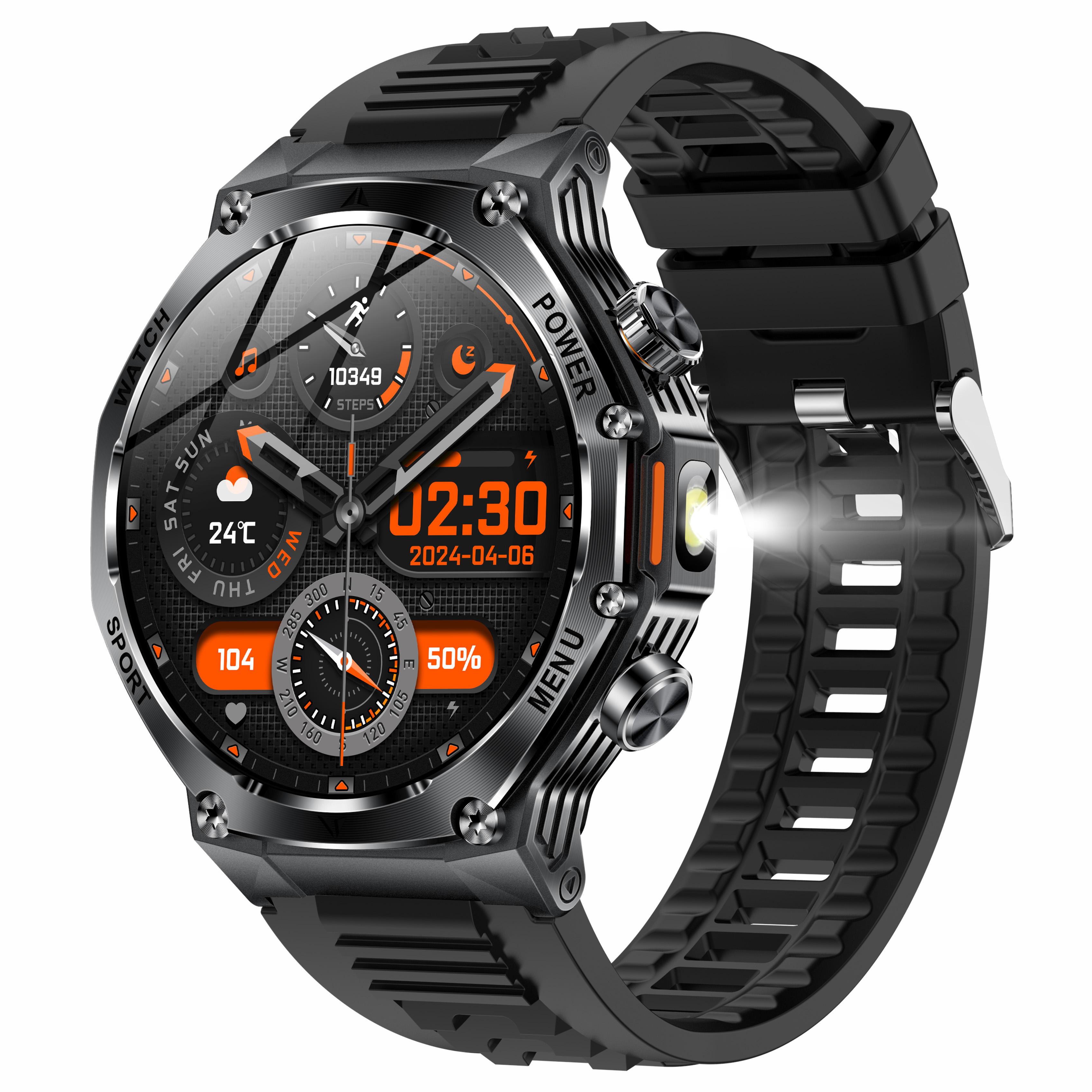 2026 AK82 Sports Smartwatch with Flashlight BT Call 1.8inch Round Screen IP68 Waterproof Fitness Tracker Smart Watch for Men