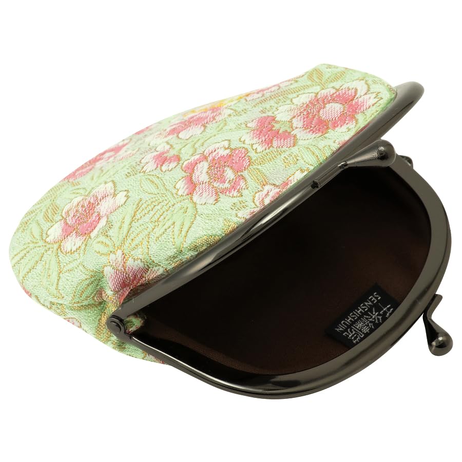 Senshishuin Nishijin Brocade Clasp 3.5-inch Round WalletCoin Purse (Lined) (Young Leaf Peony Cherry Blossom Design)