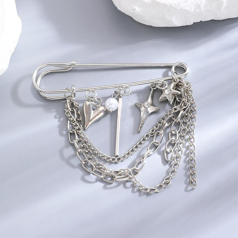Hypoallergenic Punk Chain Tassel Safety Pin Brooches With Pearl Star Heart Charms For Blazer Suit Jacket Party Daily Wear