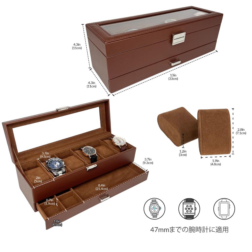 Mocamoro Watch Holds 6 Watch Luxury Watch Collection for Clear Glass Gift Case, Watches, Two-Tier Box, Men, Top, Display,