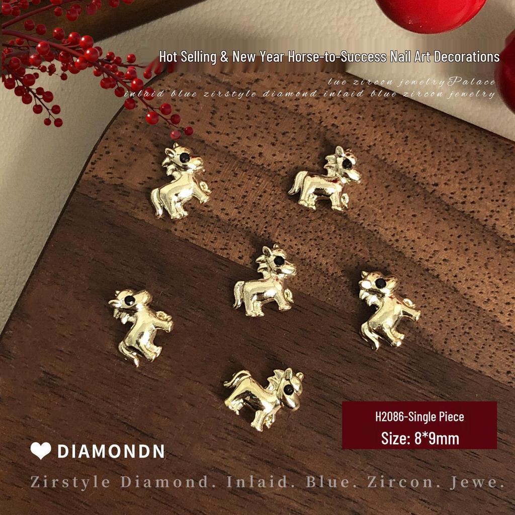 2026 New Year Little Horse Nail Art Decorations - Gold, Silver, and Red Rhinestone Press-on Nail Accessories