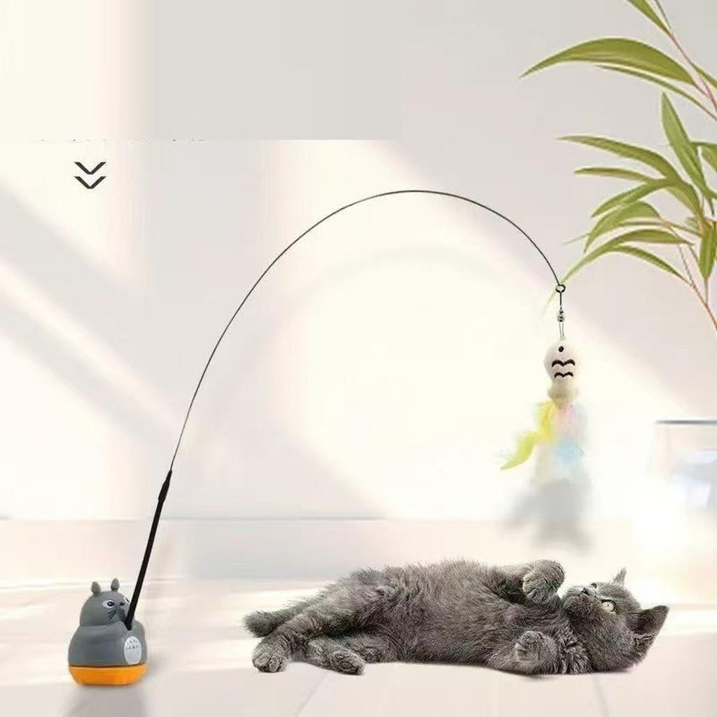 360° Rotatable Interactive Toy, Automatic Wand Toy with Peel-and-Stick Base, Moving Feather, Fish and Bell, Detachable Teaser