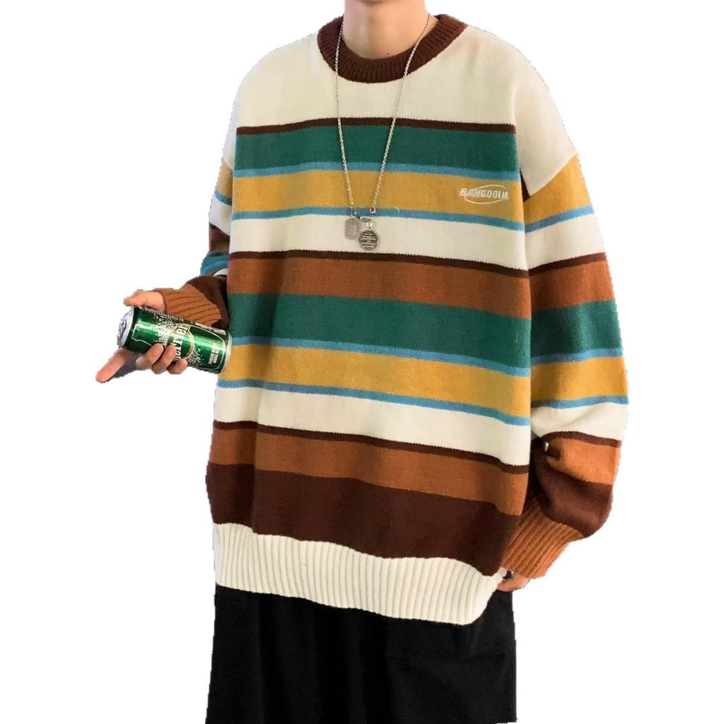 Men's Retro Color-Blocked Striped Sweater - Soft, Cozy, Loose-Fit Knitwear for Autumn/Winter Casual Wear