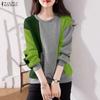 ZANZEA Women Casual Round Neck Patchwork Autumn Long Sleeve Sweatshirt