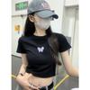 Women's O Neck Short Sleeve T-Shirts Slim Fit Butterfly Print Casual Summer Cropped Tees