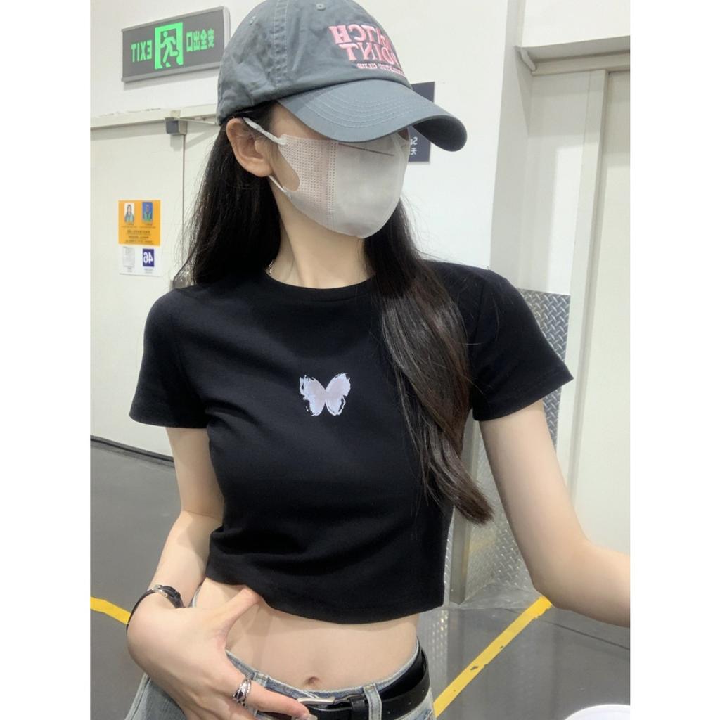 Women's O Neck Short Sleeve T-Shirts Slim Fit Butterfly Print Casual Summer Cropped Tees
