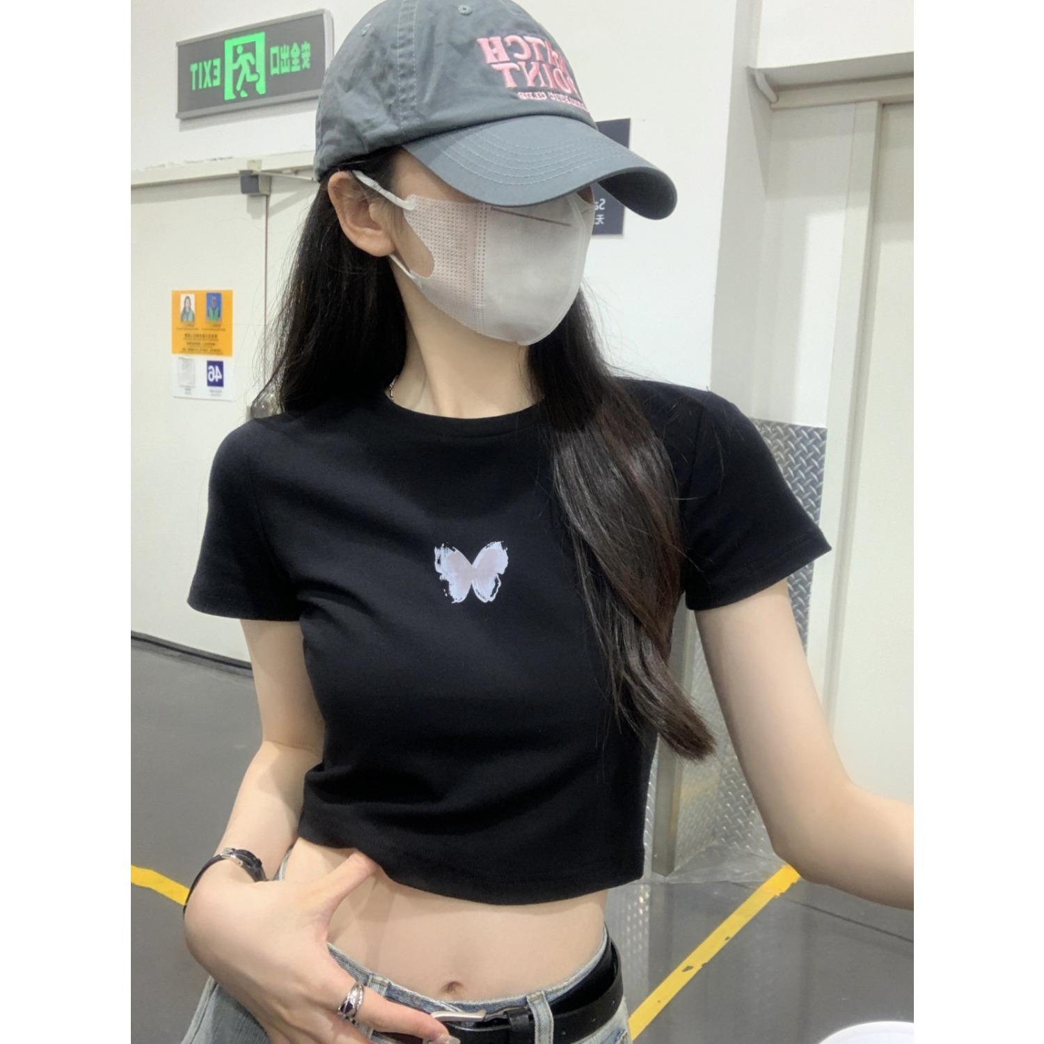 Women s O Neck Short Sleeve T-Shirts Slim Fit Butterfly Print Casual Summer Cropped Tees S