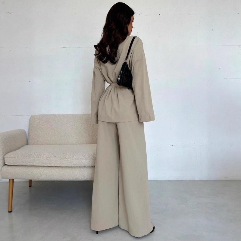 Women's V Neck Long Sleeve Top and Wide Leg Pants Two Piece Set Loose Casual Autumn Outfit