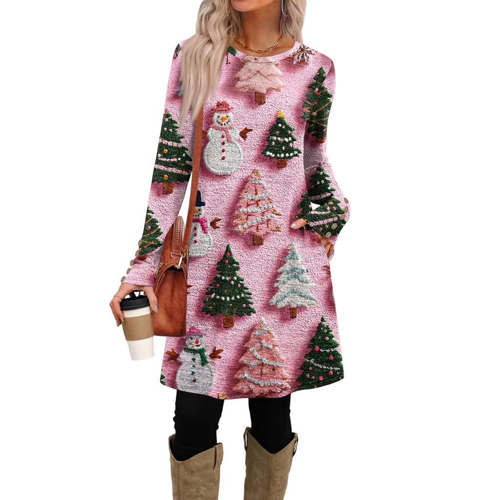 Rochie Casual de Damă la Modă cu Buzunare, Nasturi Decorativi, Imprimeuri de Crăciun, Gât Rotund și Mâneci Lungi