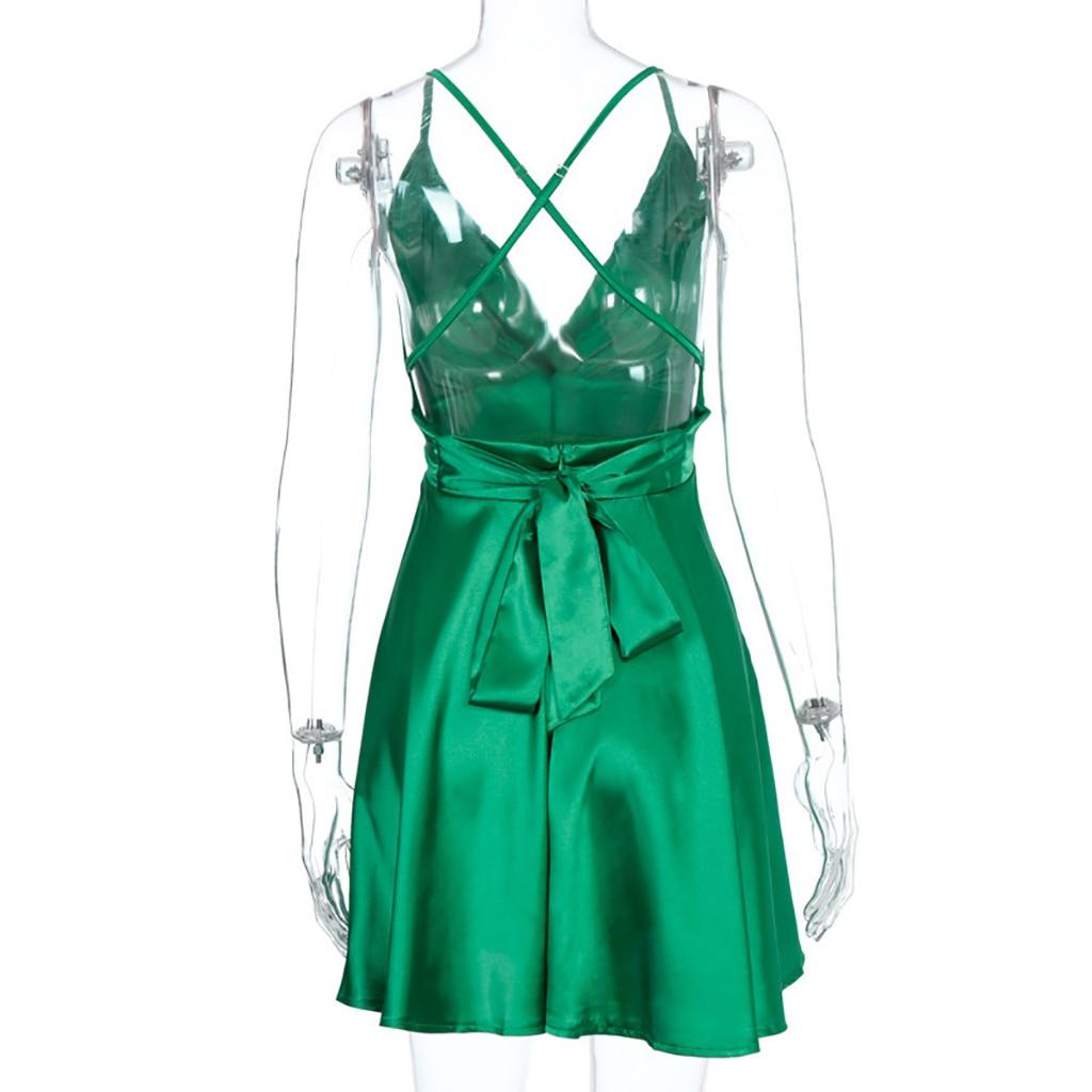 New Dress Women Satin V-neck Solid Sleeveless Suspenders Backless Bow-knot V-Collar Mini Dress Dresses