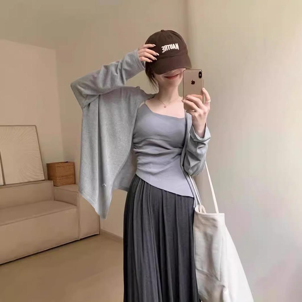 Gray sunscreen blouse women's summer long-sleeved thin top lazy versatile spring and autumn coat simple style