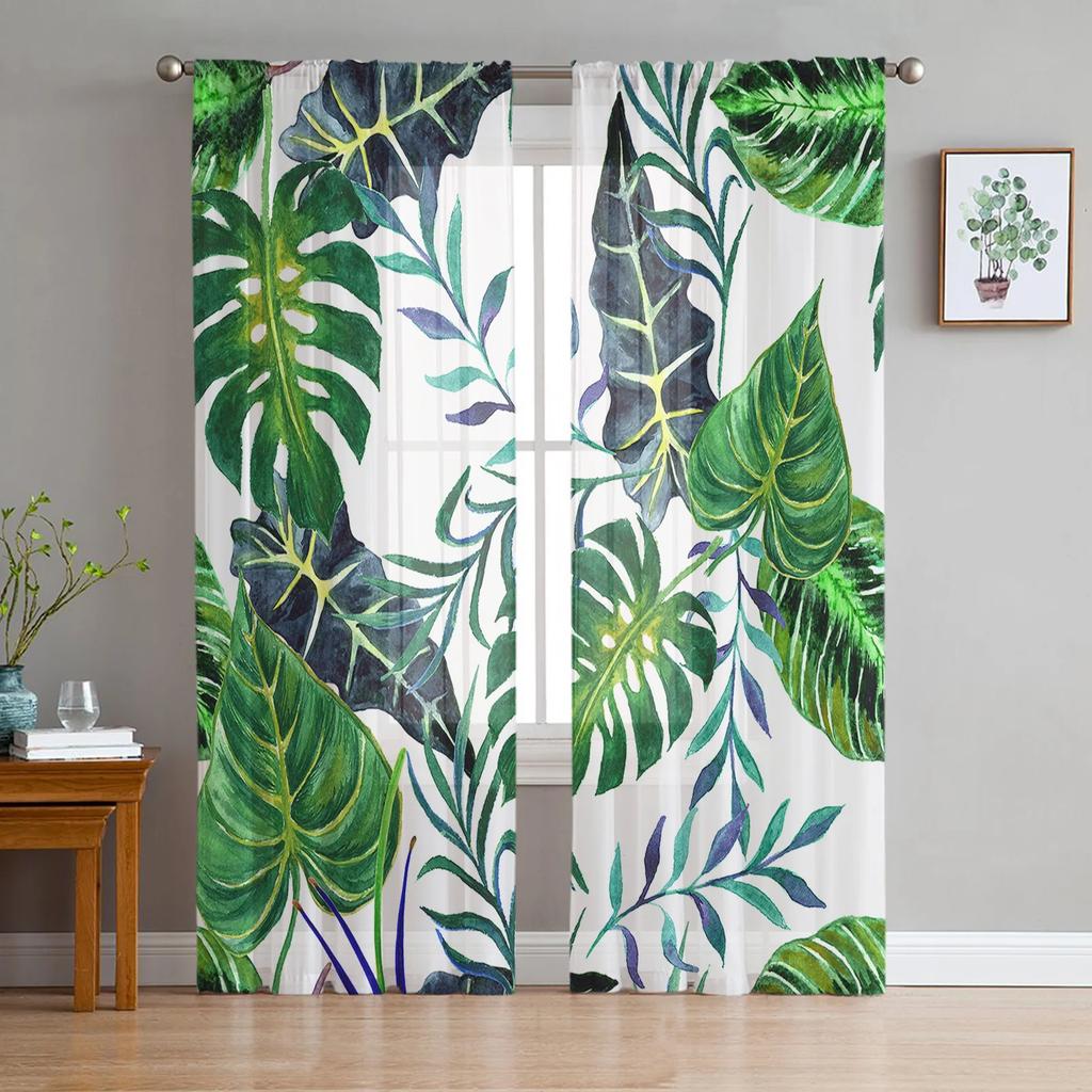 Luxury Tropical Plants Monstera Palm Leaves Curtains Living Room Printed Tulle Window Curtain Home Balcony Decor Drapes With Sheer Polyester Perfect