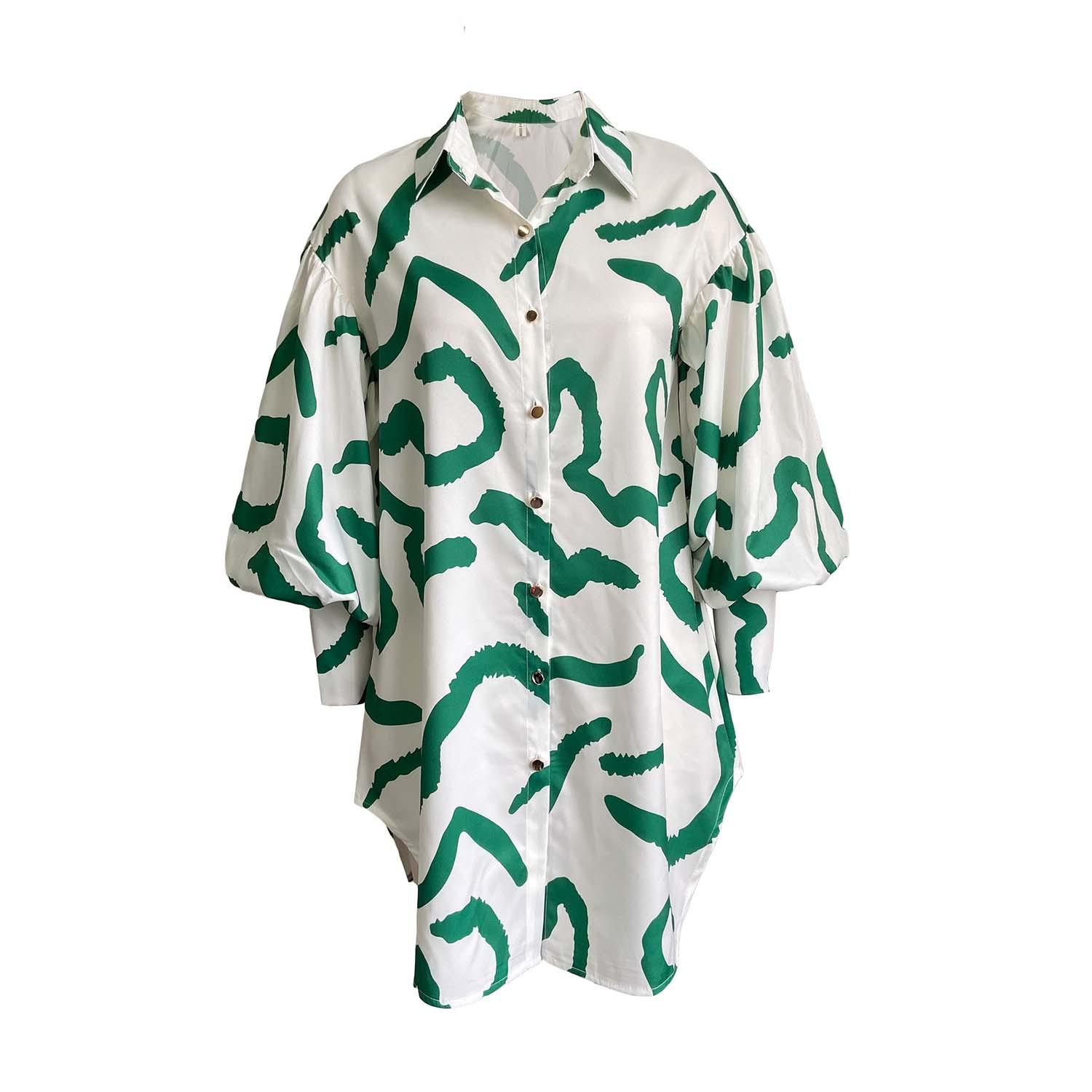 

Большой размер, женское весенне-осеннее модное платье с пышными рукавами и принтом, женское цельное свободное повседневное короткое платье с длинными рукавами S зелёный