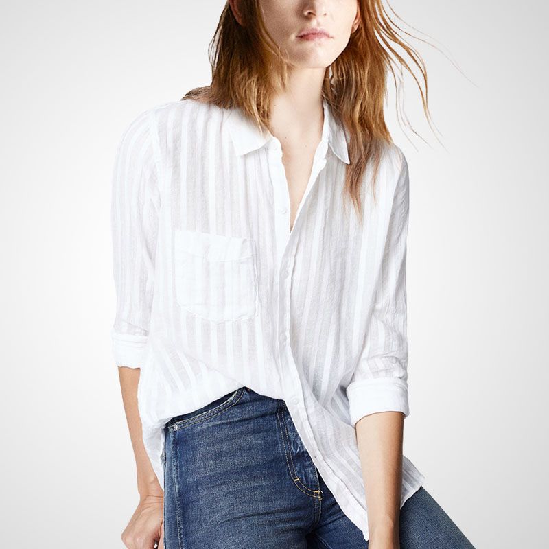 

New Long Sleeve Square-Neck Casual Loose Striped Shirt White S