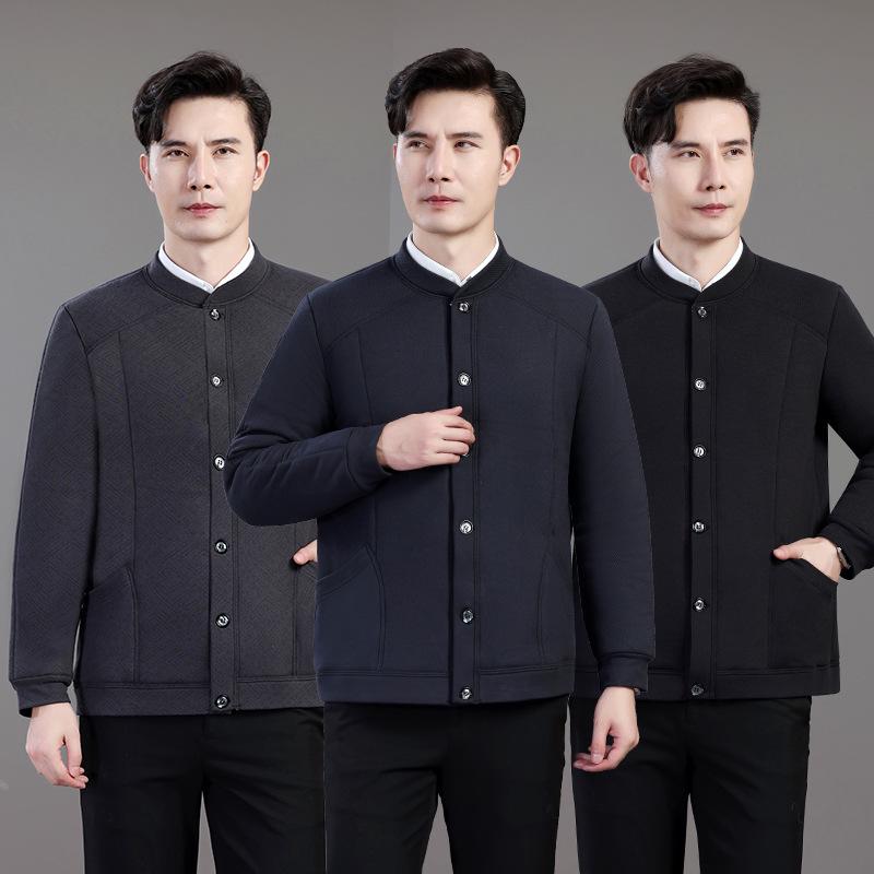 Men's Thickened Fleece-Lined Cotton Jacket, Windproof and Warm, Winter Dad's Wear, Solid Color