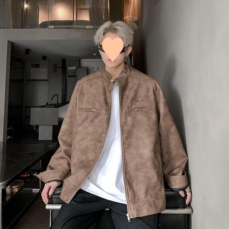 Mantel Herren Frühling und Herbst Neue Amerikanische Retro Jacke Locker Lederjacke Reißverschluss