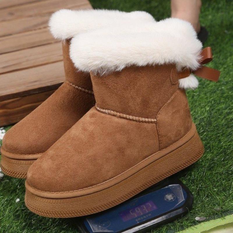 Winter new velvet thickened large size snow boots thick bottom fluffy mouth bow warm short boots women
