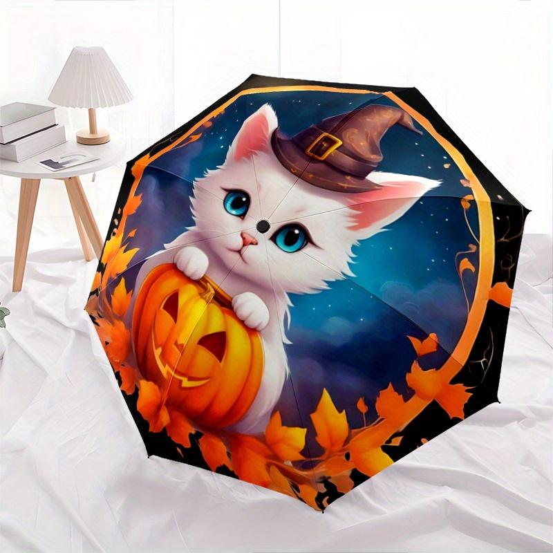 1pc Halloween Cute White Cat Pumpkin Automatic Opening and Closing Folding - A Good Choice for Gifts, Fashionable and Convenient Umbrella With Cu