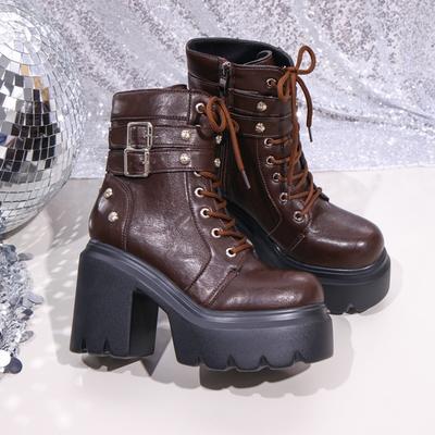 Damen Stiefel Mode Leder High Top Stiefel Klassisch Runde Spitze Dicke Sohle Hoher Absatz Stiefel Rutschfeste Plateau Stiefel Bottines Femmes
