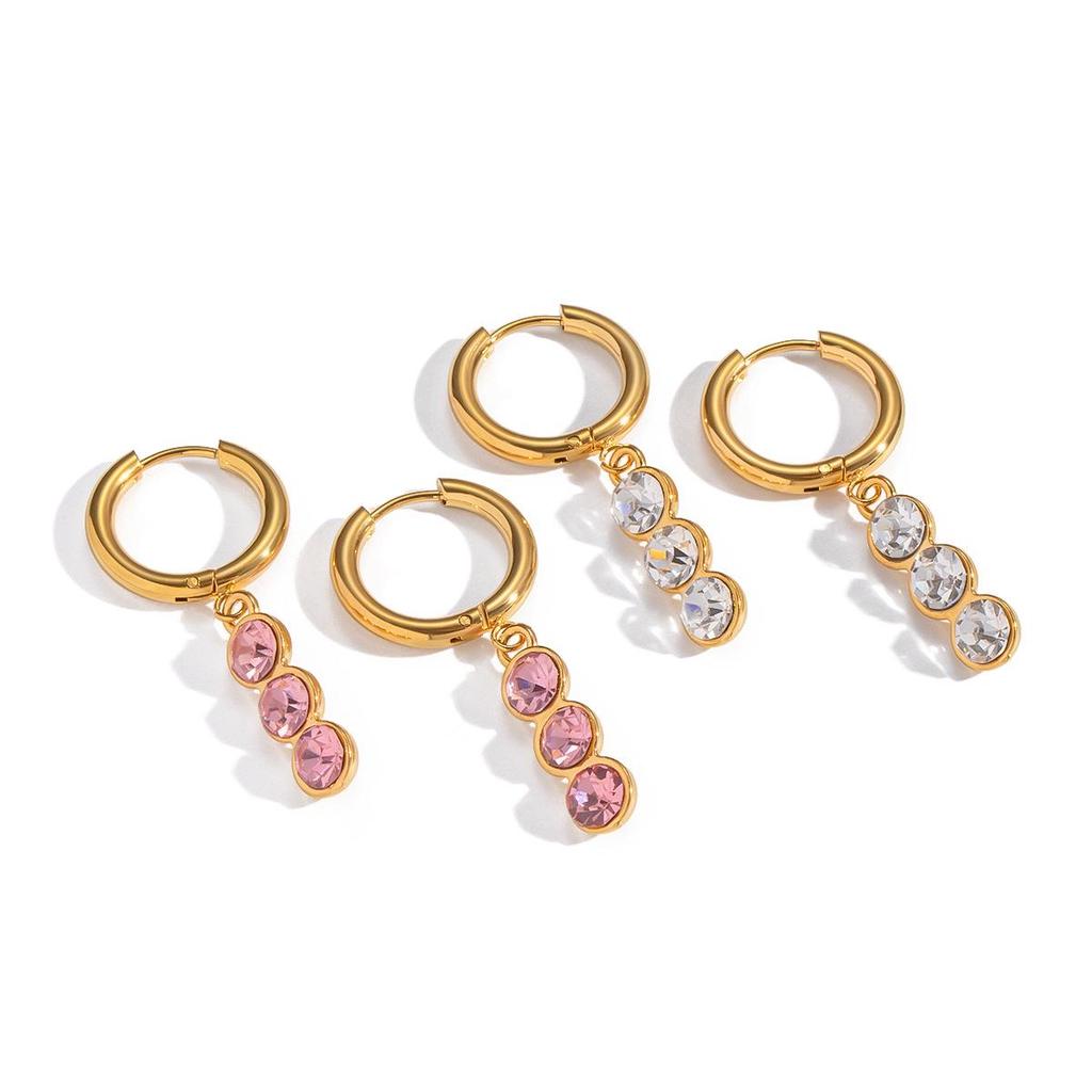 Xia Ling High-End White & Pink Zircon Pendant Earrings - Elegant European American Design, Non-Fading Titanium Steel