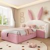 Kinderbed 90x190 cm Fluweel Gestoffeerd Bed, Hoofdbord met Konijnenoren met Opbergruimte en Nachtkastje, Design Jeugdbed, Beige en Roze (Zonder matras)