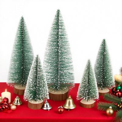 Mini Christmas Trees Snow Frost Flocked Bottle Brush Tree with Wooden Base Small Artificial
