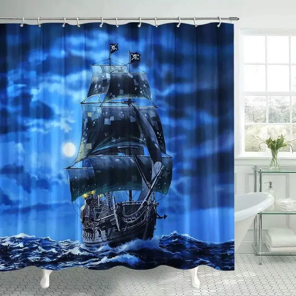 Norse Vikings Ship Shower Curtain Fantasy Boat Art Black and White Color Sailing Dragon Ship Curtain for Bathroom with Hooks