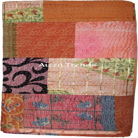 Aizza Trends Cuvertură Kantha din bumbac pur lucrată manual - Pătură decorativă tradițională indiană-Cuvertură vintage din sari de mătase de bumbac