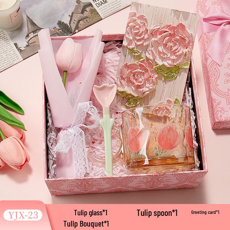 Jun Seventeen AQ Tulip Cup Gift Set Tulip Glass Cup, Spoon, Bouquet