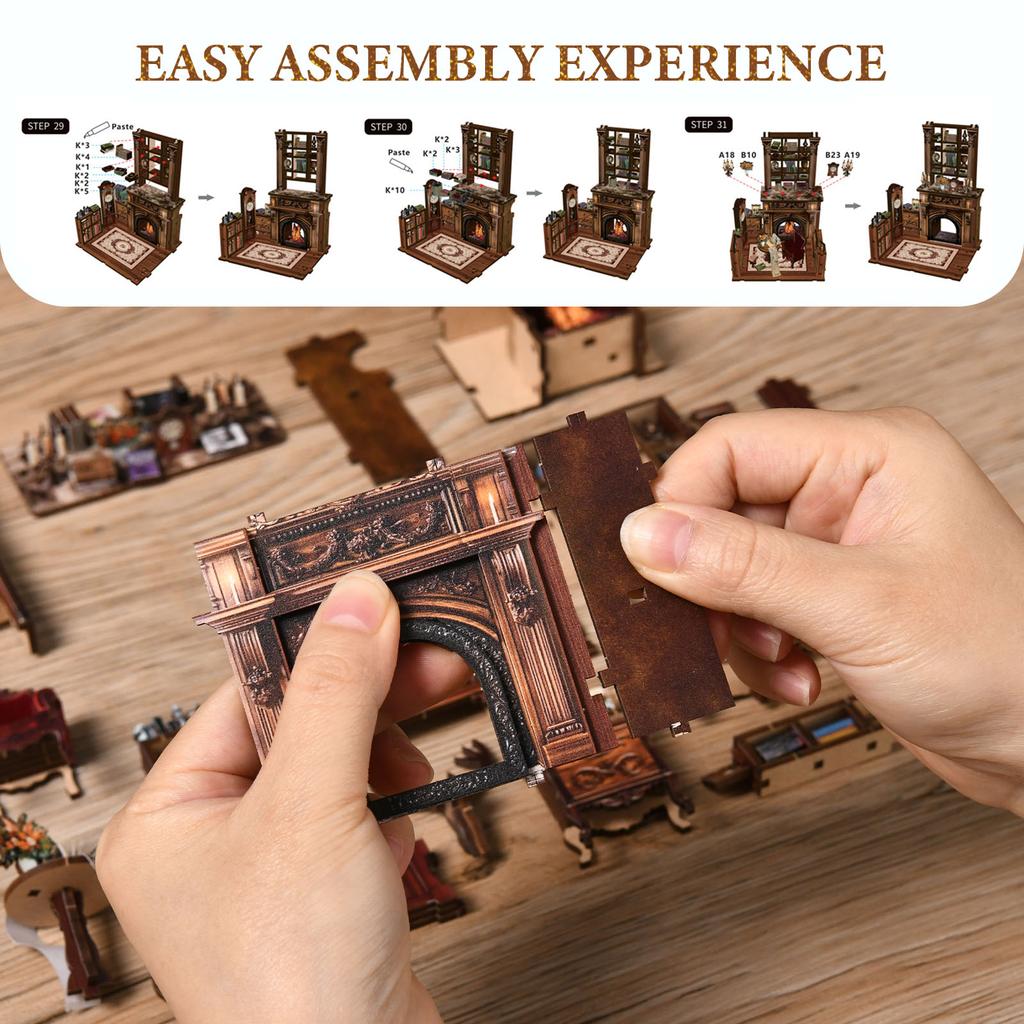 DIY Book Nook Kit Decorative Miniature Nook Bookshelf Insert with LED Light 3D Wooden Miniature House for Book Lovers Home Decor