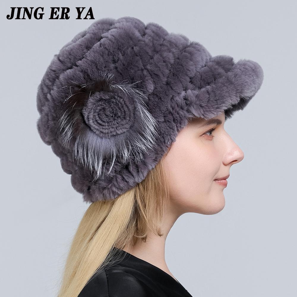 

JINGERYA зимние шапки из кроличьего меха для женщин, шапки из натурального меха рекса с цветочным принтом, эластичные шапки, теплая модная женская снежная шапка