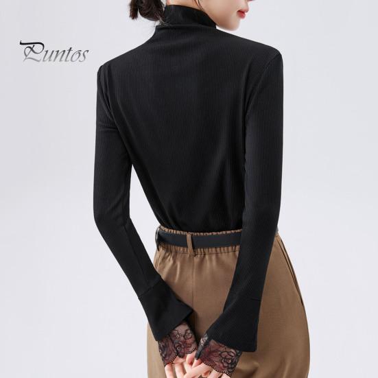 Women Bottoming Tops Slim Fit High Collar Long Sleeve Shirt with Slit Lace Cuffs Solid Color Jumper Tops