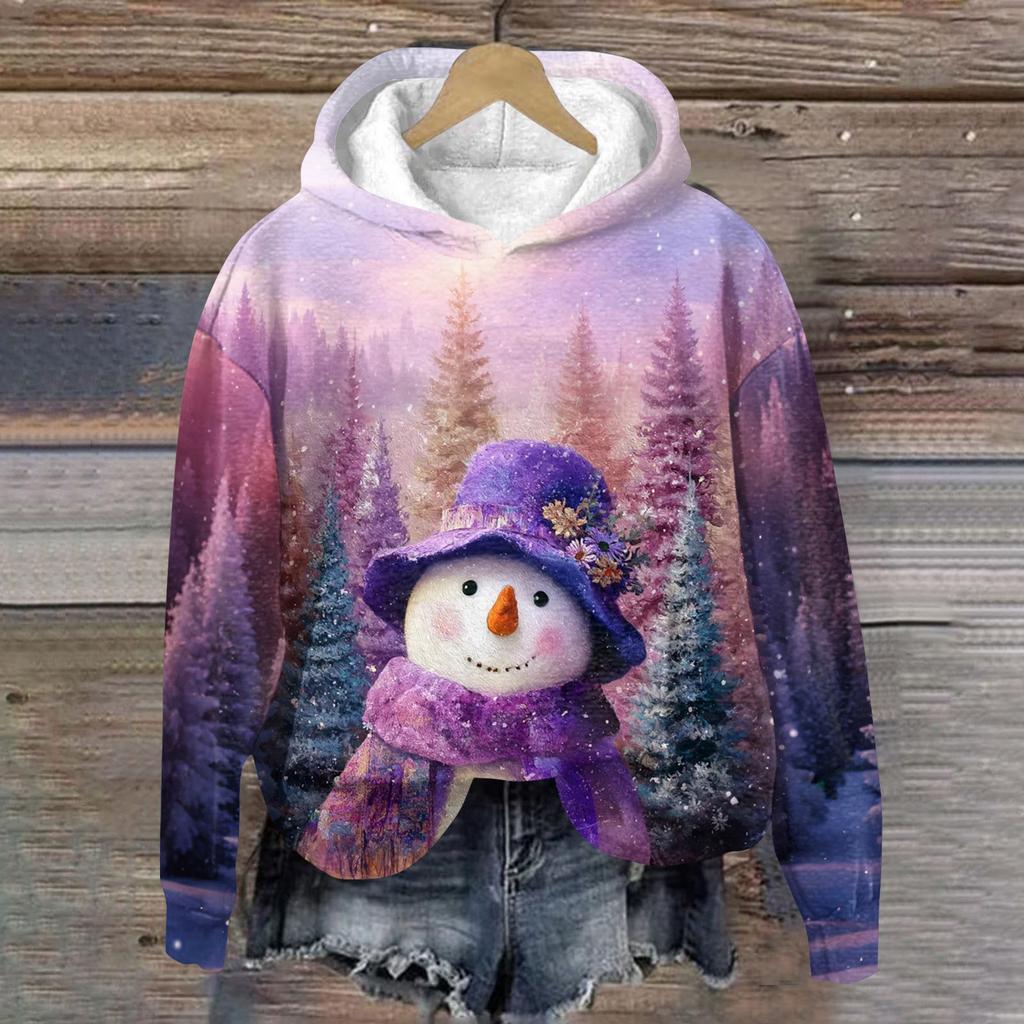 Women's Fashion Long Sleeve Christmas Print Loose Hooded Sweatshirt Top