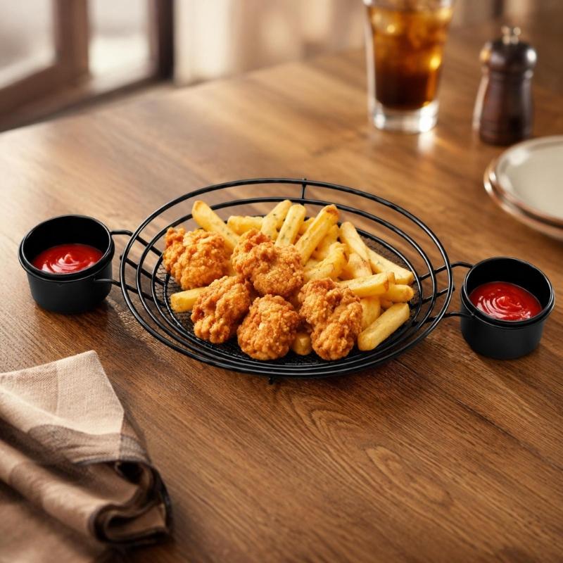 Creative Metal Wire Bread Basket Oval Shape French Fries Stand with 2 Sauce Dipper Cup For Chicken Wing Chip And Party Serving